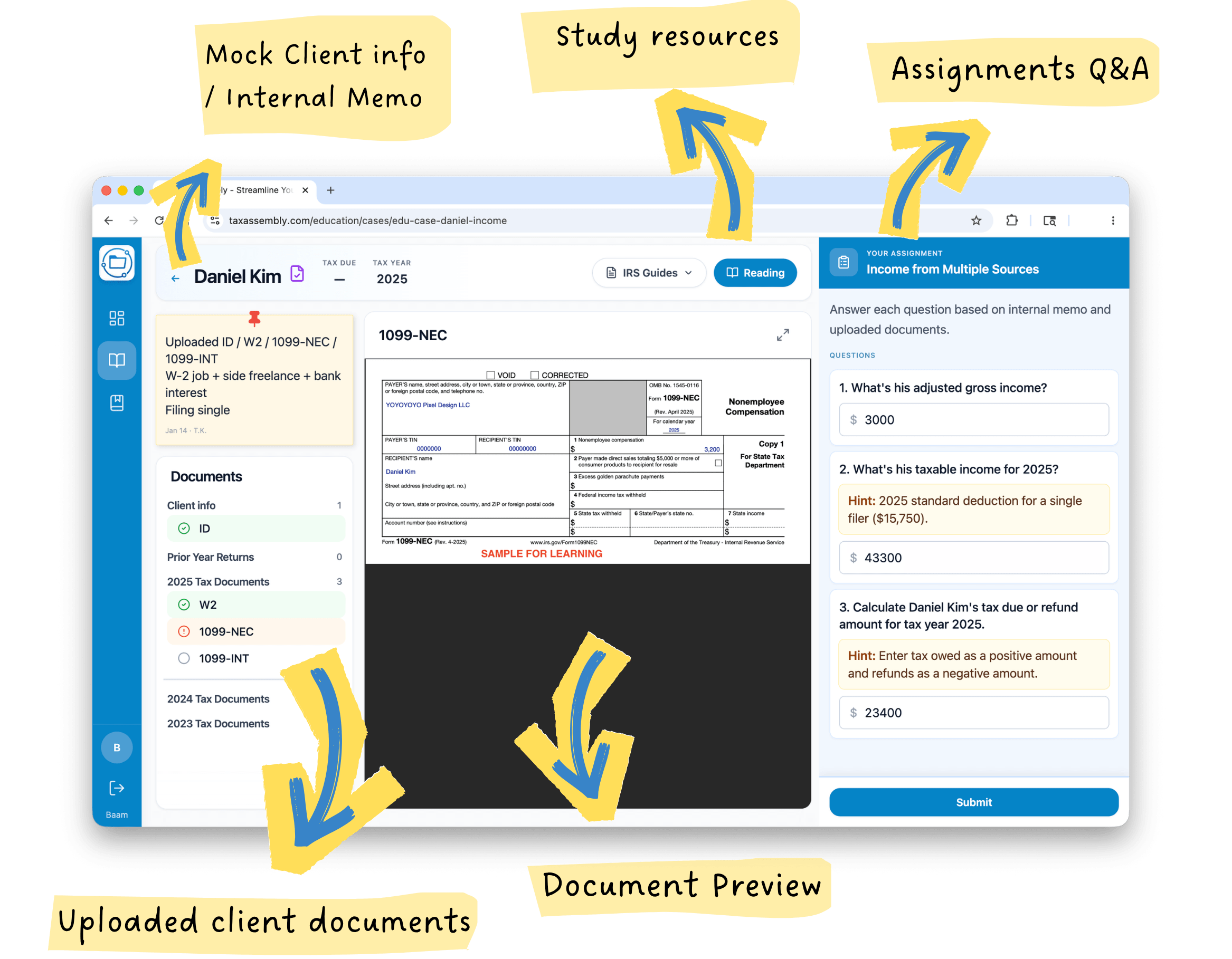 TaxAssembly Education client workspace for Daniel Kim: internal memo, uploaded W-2 and 1099 documents, form preview, and assignment questions in one simulated case